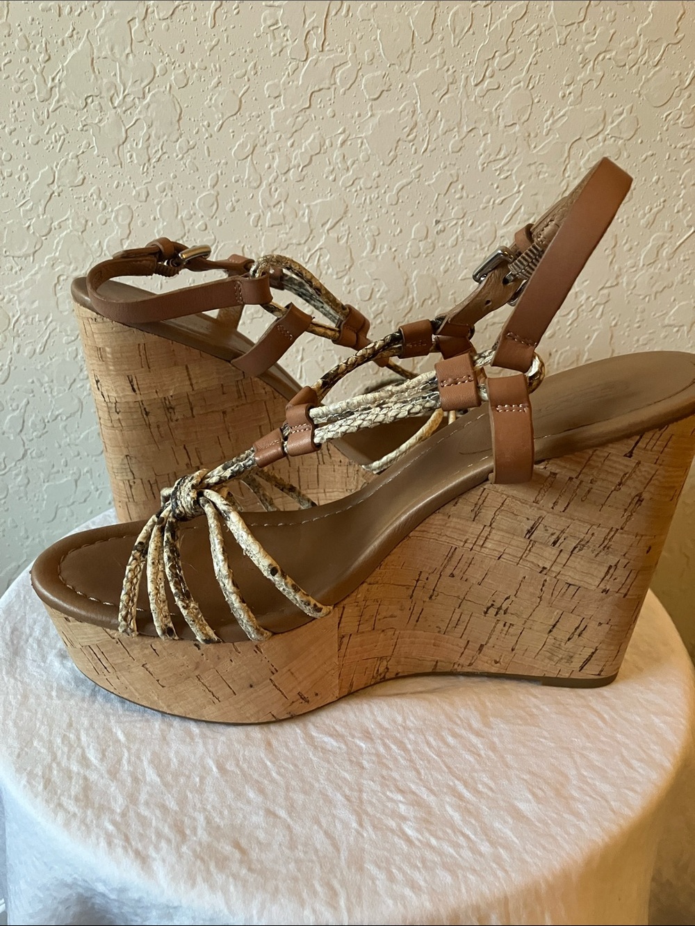 Coach: Georgiana (A0841) Tan Cork Wedge Sandals- Snakeskin Braided Straps- 9